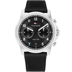 TOMMY HILFIGER Wesley Dual Time Black Dial 42mm Silver Stainless Steel Black Leather Strap 1710624 - 42710