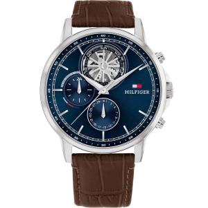 TOMMY HILFIGER Stewart Multifunction Blue Dial 44mm Silver Stainless Steel Brown Leather Strap 1710629 - 42716