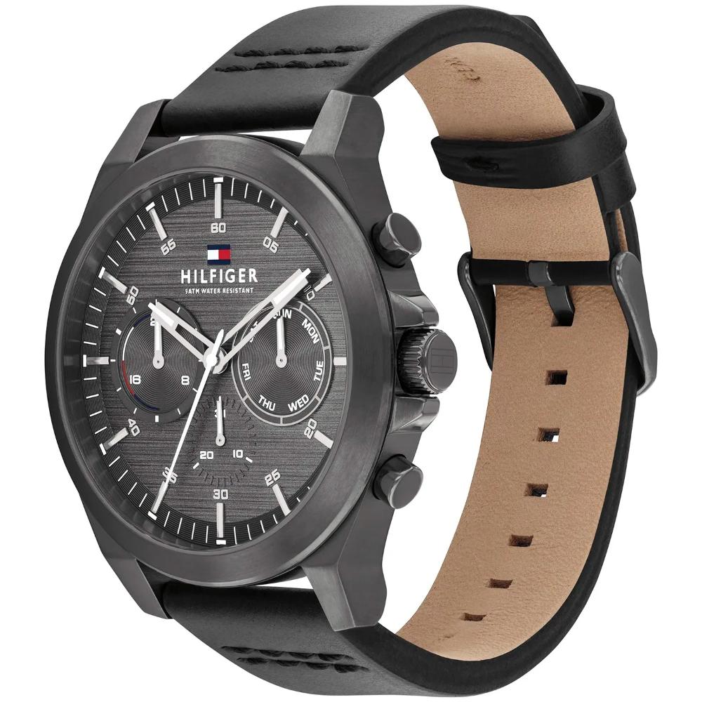 TOMMY HILFIGER Lance Multifunction Grey Dial 46mm Grey Stainless Steel Black Leather Strap 1710634