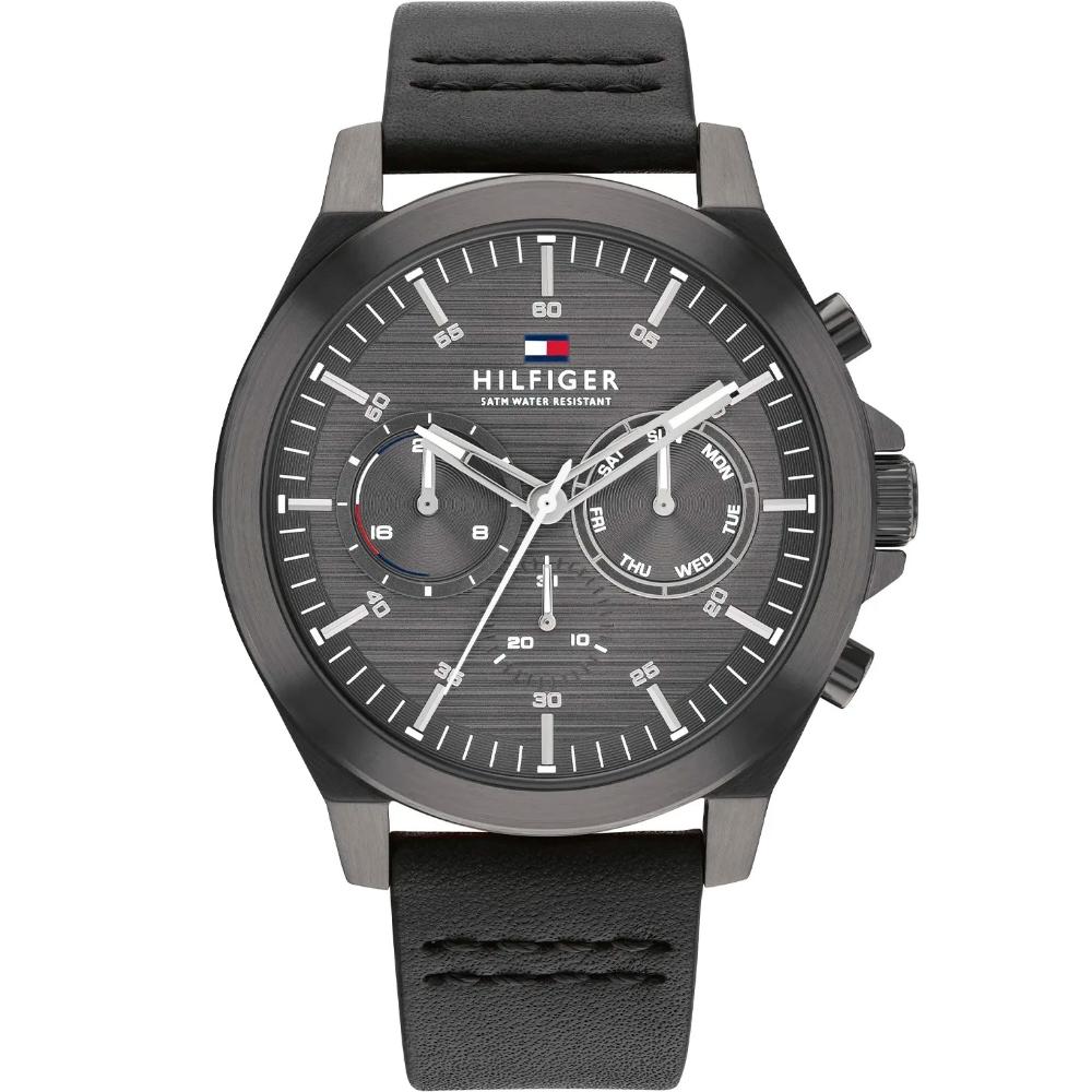 TOMMY HILFIGER Lance Multifunction Grey Dial 46mm Grey Stainless Steel Black Leather Strap 1710634