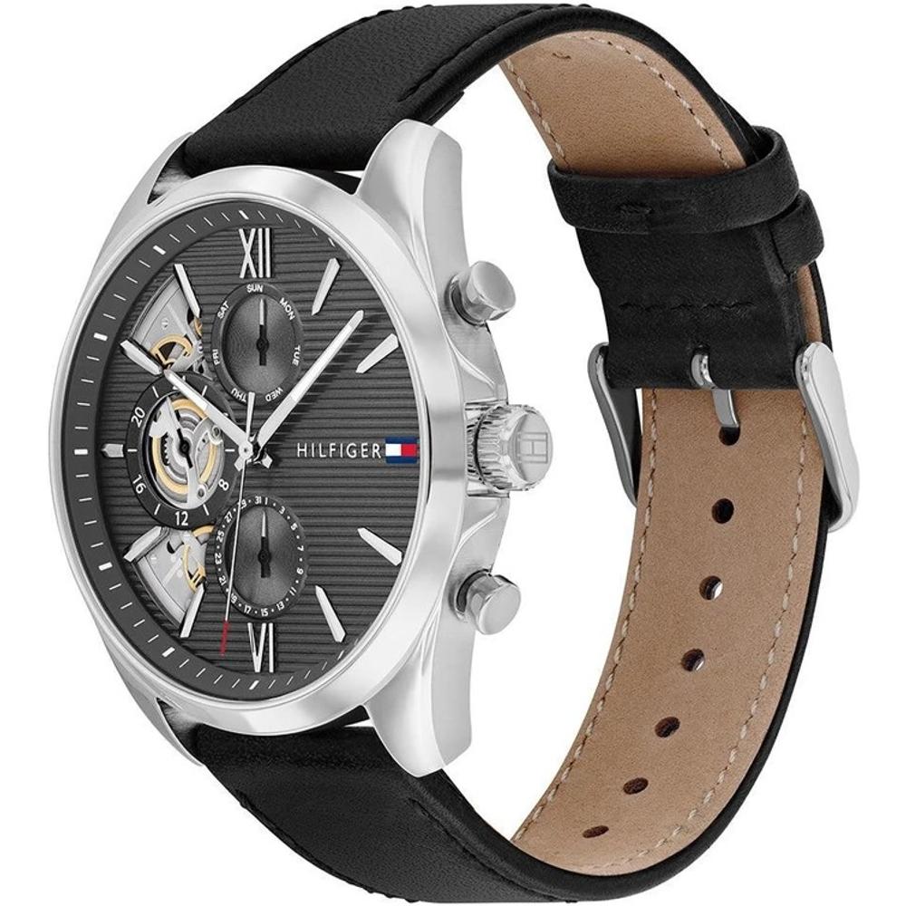 TOMMY HILFIGER Baker Multifunction Grey Dial 44mm Silver Stainless Steel Black Leather Strap 1710644