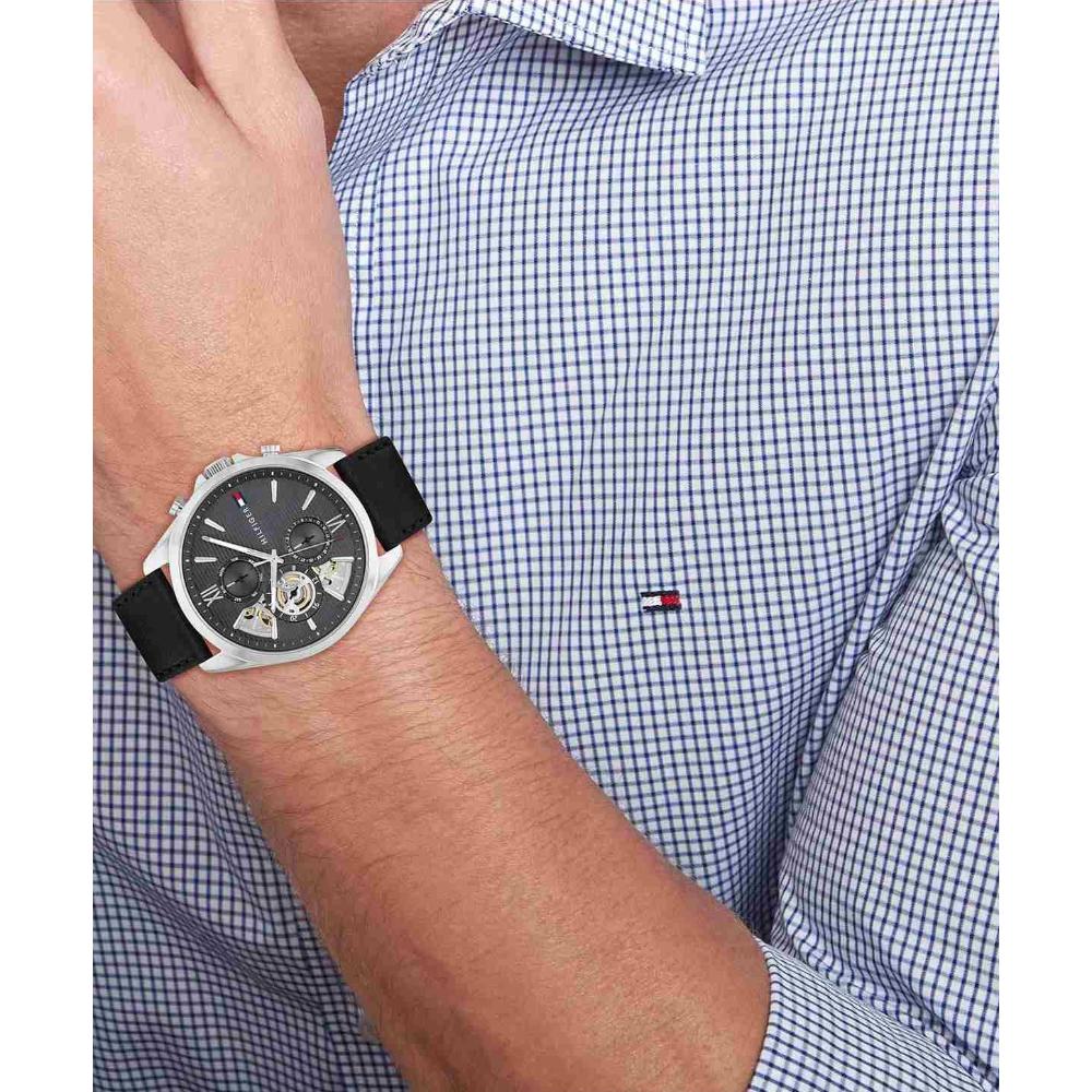 TOMMY HILFIGER Baker Multifunction Grey Dial 44mm Silver Stainless Steel Black Leather Strap 1710644