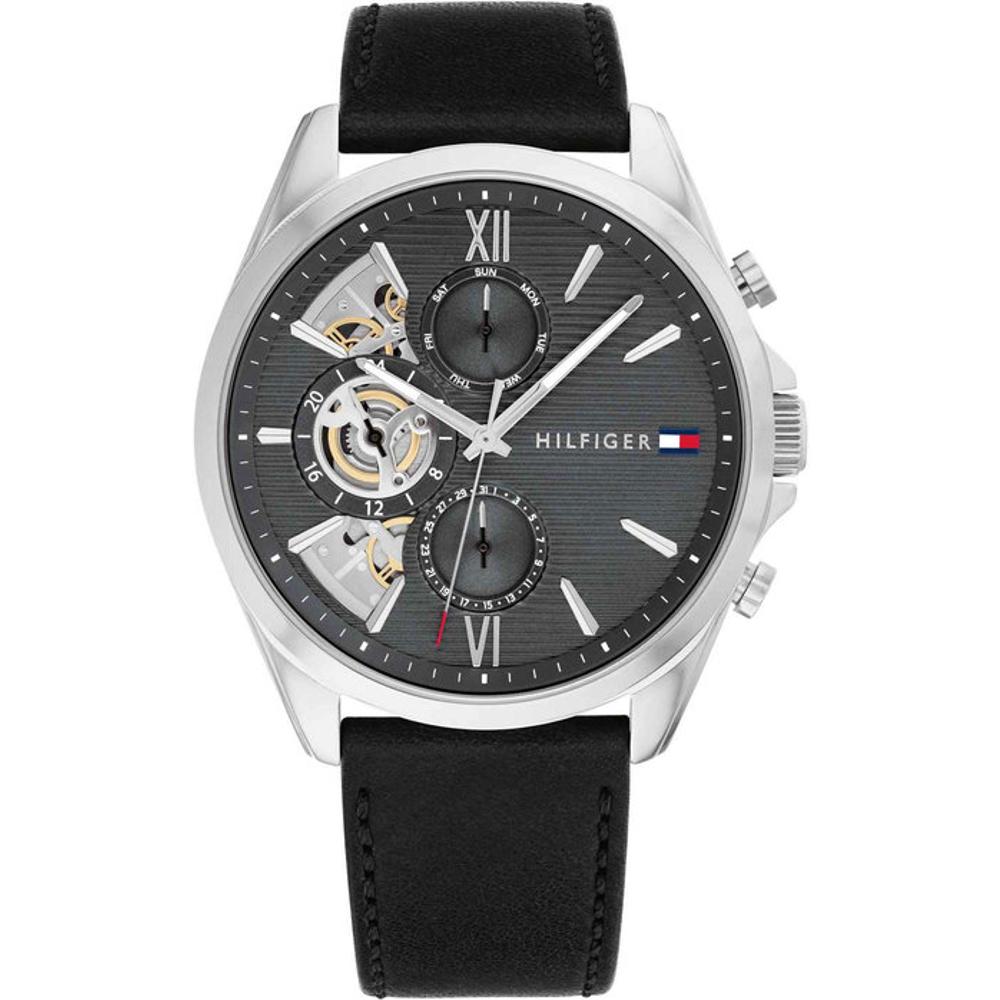 TOMMY HILFIGER Baker Multifunction Grey Dial 44mm Silver Stainless Steel Black Leather Strap 1710644