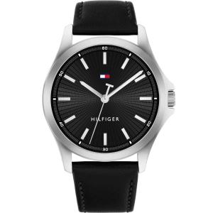 TOMMY HILFIGER Bruce Black Dial 43mm Silver Stainless Steel Black Leather Strap 1710668 - 50269