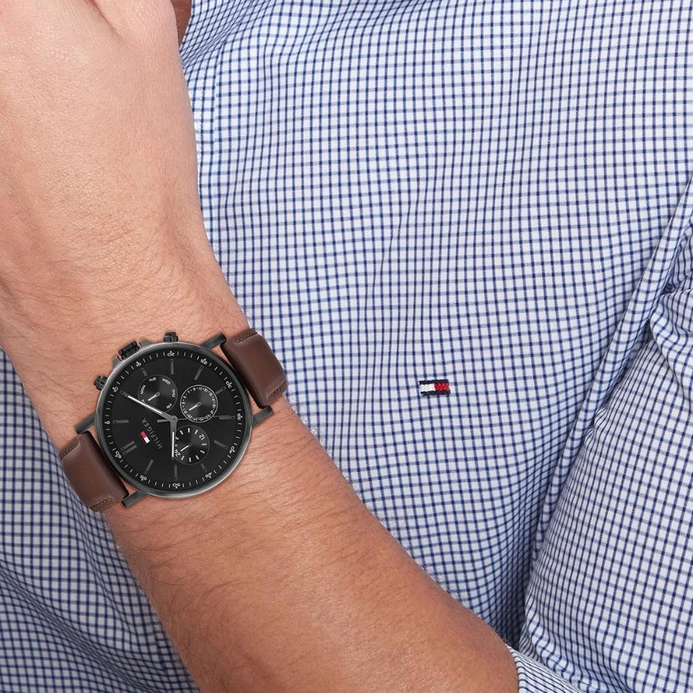 TOMMY HILFIGER Tyson Multifunction Black Dial 44mm Black Stainless Steel Brown Leather Strap 1710704