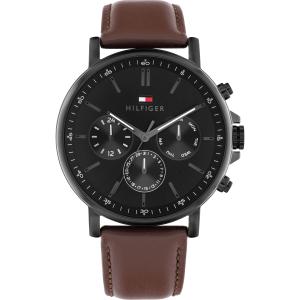 TOMMY HILFIGER Tyson Multifunction Black Dial 44mm Black Stainless Steel Brown Leather Strap 1710704 - 61315