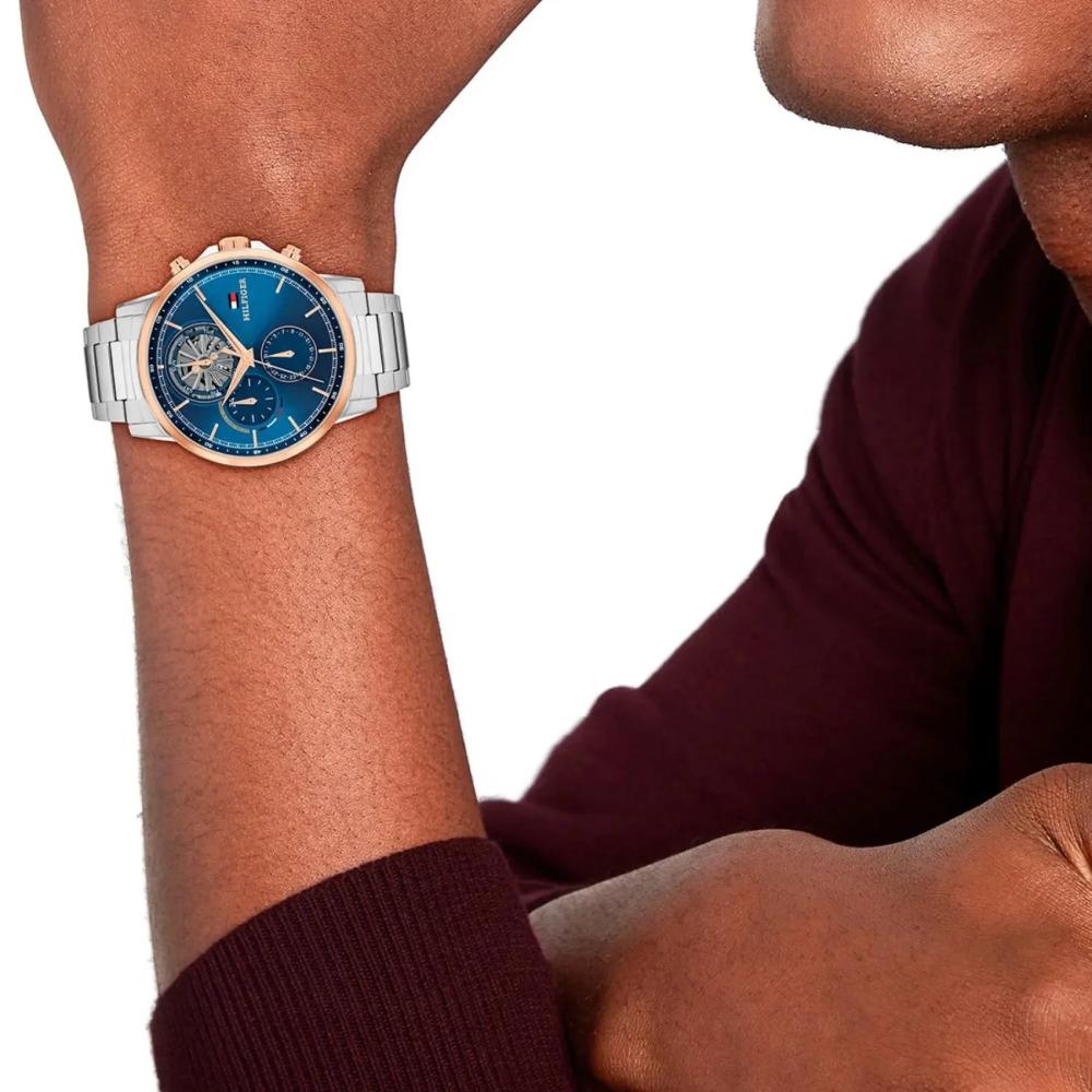 TOMMY HILFIGER Stewart Multifunction Blue Dial 44mm Two-Tone Rose Gold and Silver Stainless Steel Bracelet 1710734