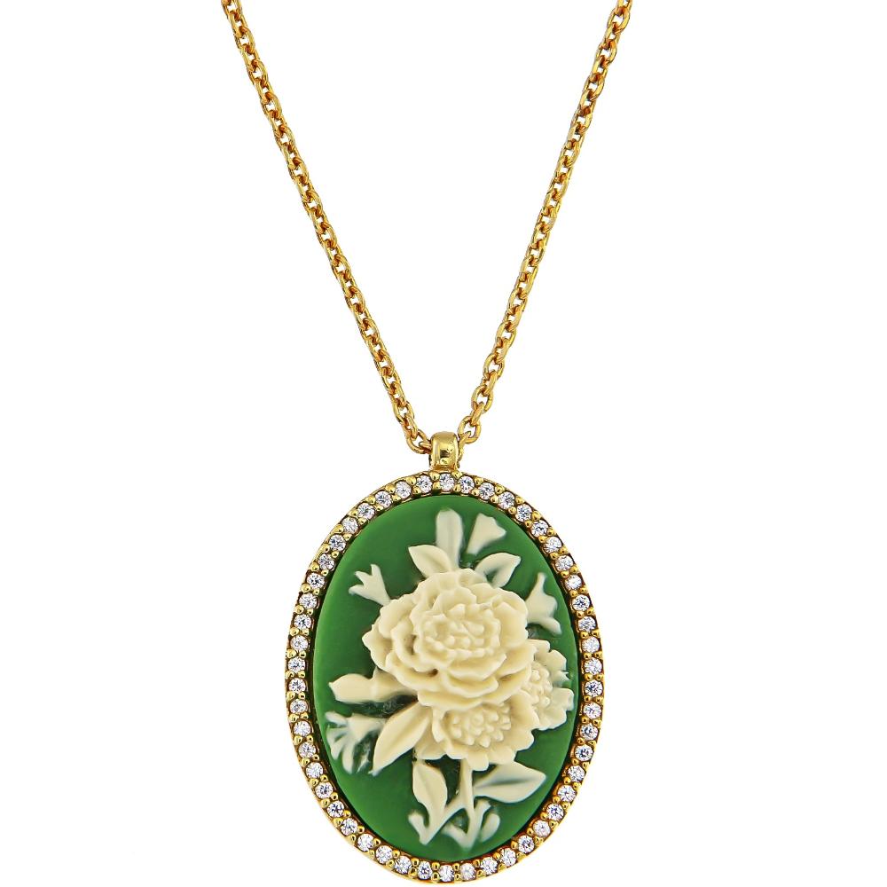 NECKLACE Cameo Yellow Gold K14 with Zircon Stones 17489N