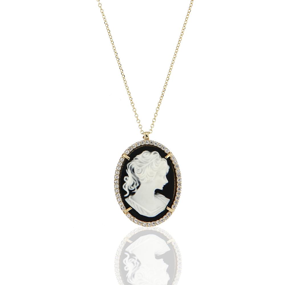 NECKLACE Cameo Yellow Gold K14 and Zircon Stones 17450N