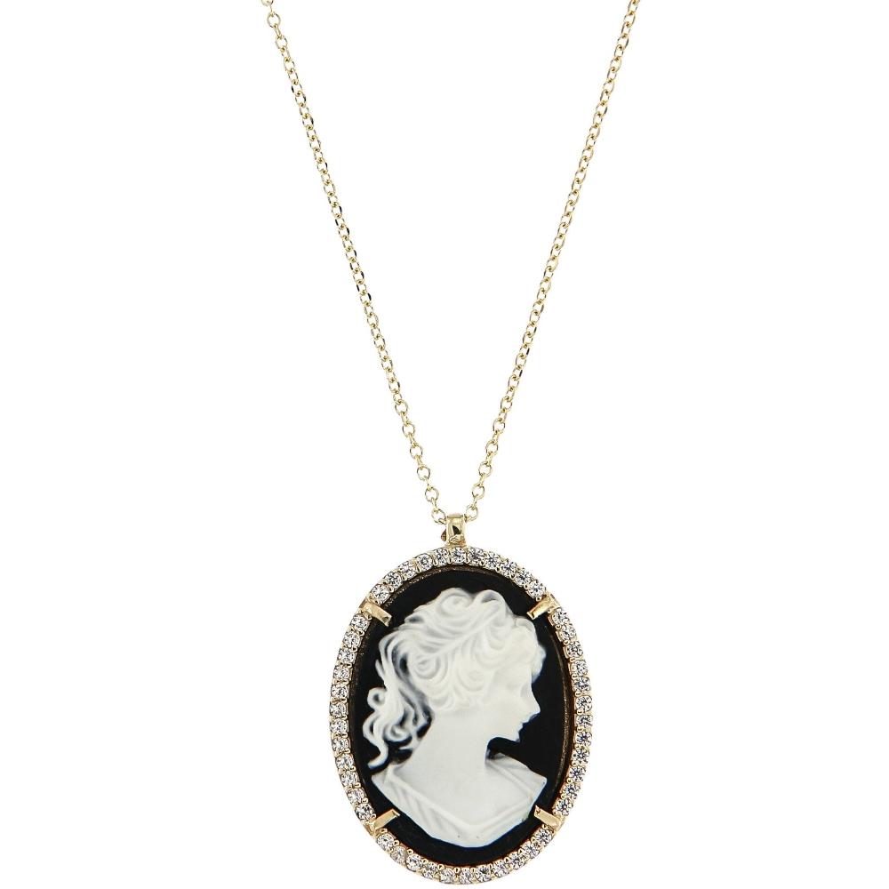 NECKLACE Cameo Yellow Gold K14 and Zircon Stones 17450N