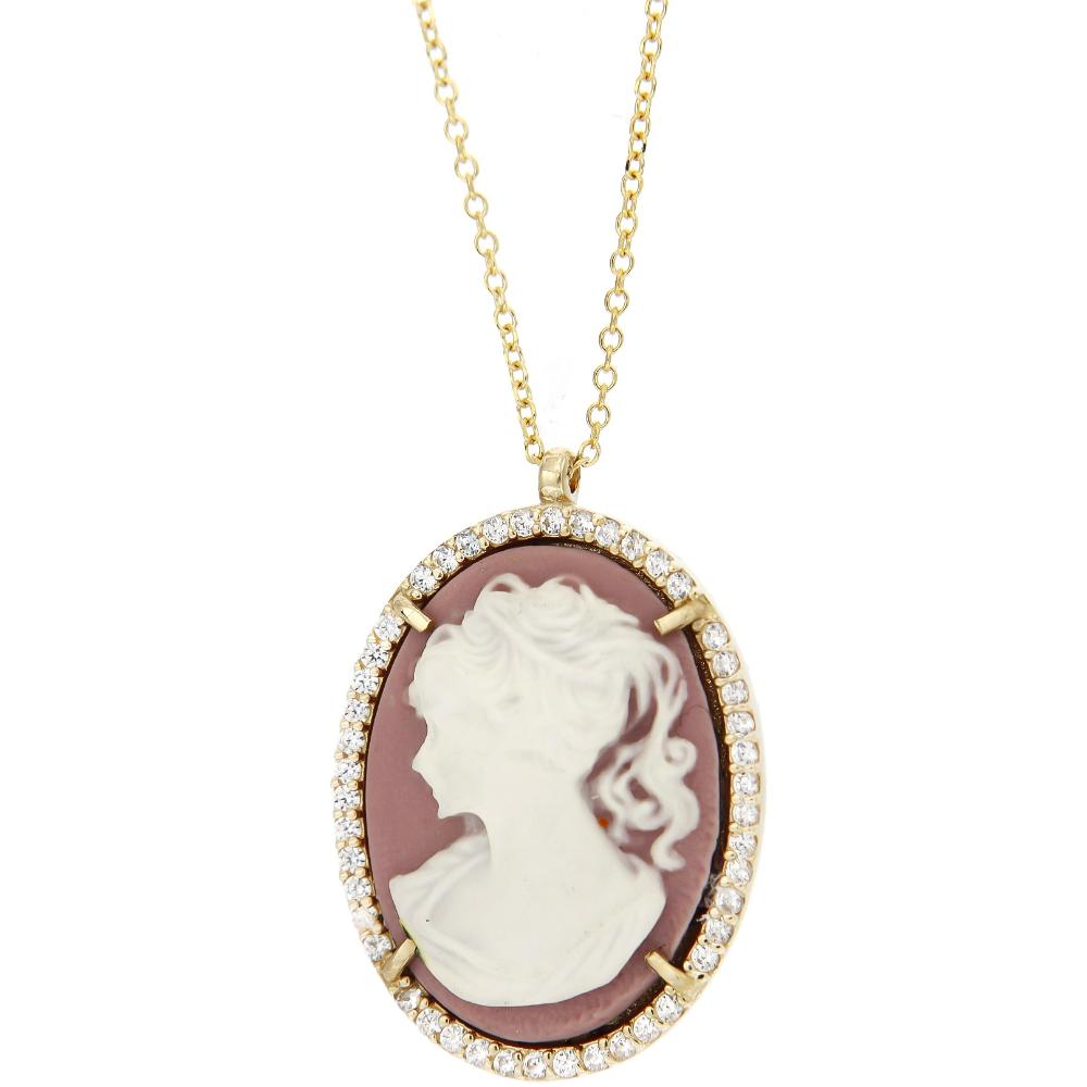 NECKLACE Cameo Yellow Gold K14 and Zircon Stones 17492N