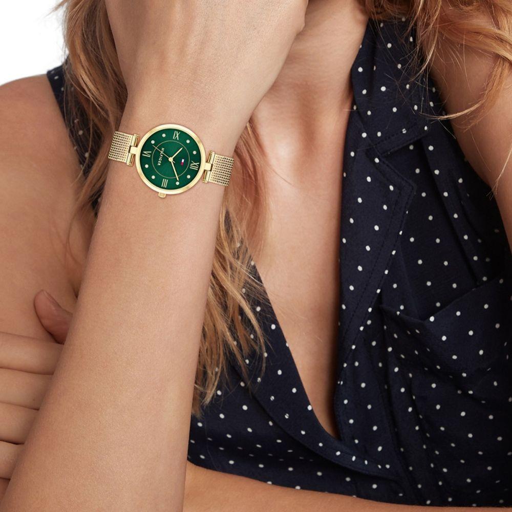 TOMMY HILFIGER Ella Green Dial 34mm Gold Stainless Steel Milanese Bracelet 1782711