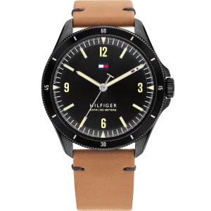 TOMMY HILFIGER Maverick Three Hands 44mm Black Stainless Steel Brown Leather Strap 1791906 - 10082
