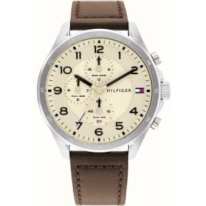 TOMMY HILFIGER Axel Multifunction 44mm Silver Stainless Steel Brown Leather Strap 1792003 - 24297