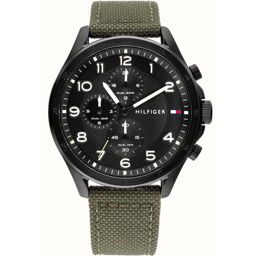 TOMMY HILFIGER Axel Multifunction 44mm Black Stainless Steel Green Leather Strap 1792006