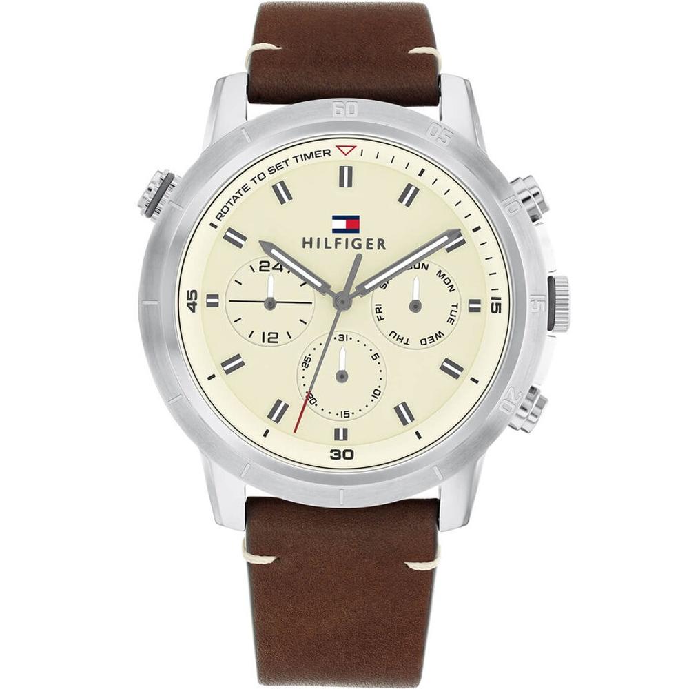 TOMMY HILFIGER Troy Multifunction Beige Dial 46mm Silver Stainless Steel Brown Leather Strap 1792102