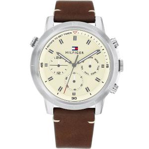 TOMMY HILFIGER Troy Multifunction Beige Dial 46mm Silver Stainless Steel Brown Leather Strap 1792102 - 41340