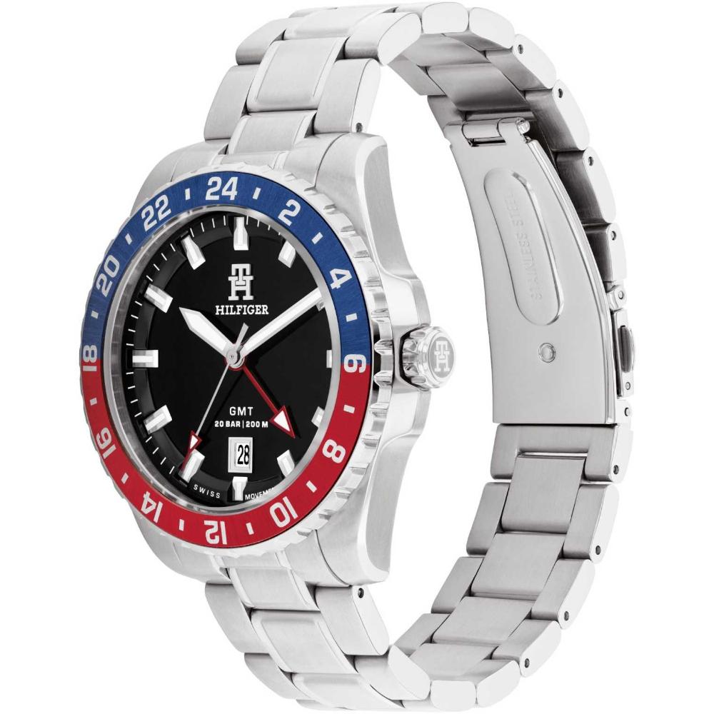 TOMMY HILFIGER TH85 GMT Pepsi Swiss Made Black Dial 42mm Silver Stainless Steel Bracelet 1792131