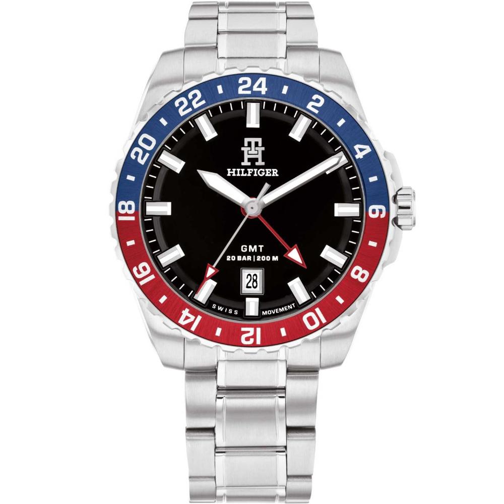 TOMMY HILFIGER TH85 GMT Pepsi Swiss Made Black Dial 42mm Silver Stainless Steel Bracelet 1792131