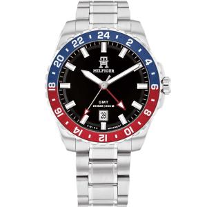 TOMMY HILFIGER TH85 GMT Pepsi Swiss Made Black Dial 42mm Silver Stainless Steel Bracelet 1792131 - 45986