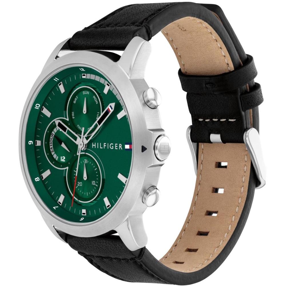 TOMMY HILFIGER Jameson Multifunction Green Dial 46mm Silver Stainless Steel Black Leather Strap 1792151