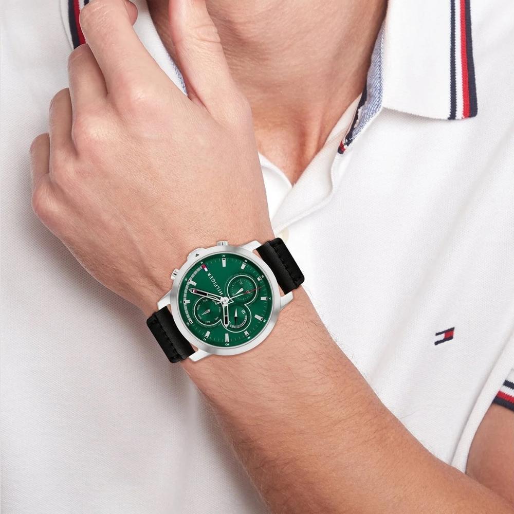 TOMMY HILFIGER Jameson Multifunction Green Dial 46mm Silver Stainless Steel Black Leather Strap 1792151