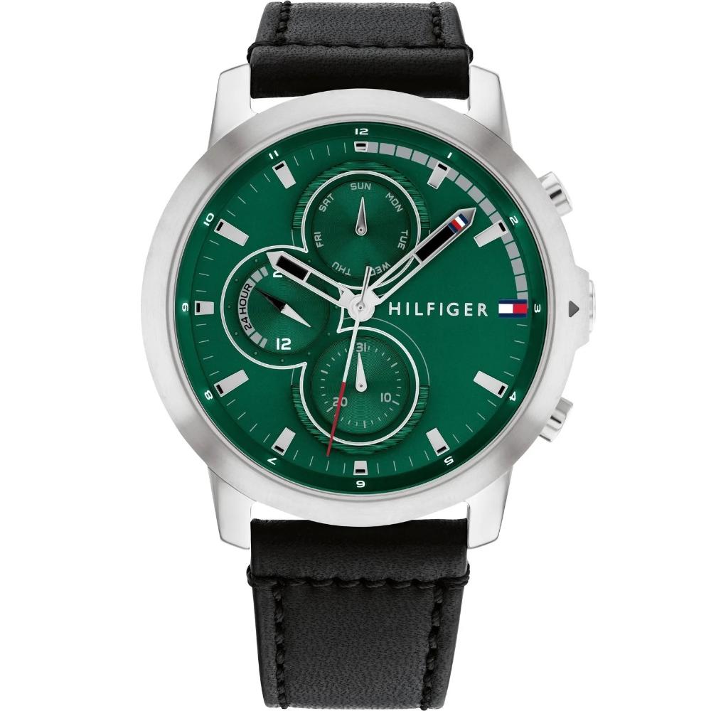 TOMMY HILFIGER Jameson Multifunction Green Dial 46mm Silver Stainless Steel Black Leather Strap 1792151