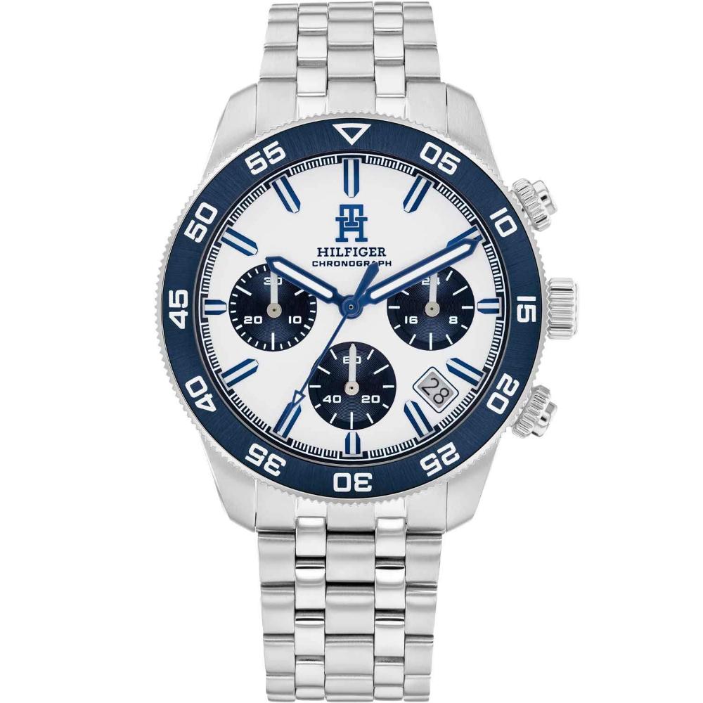 TOMMY HILFIGER TH85 Chronograph White Blue Dial 41mm Silver Stainless Steel Bracelet 1792157