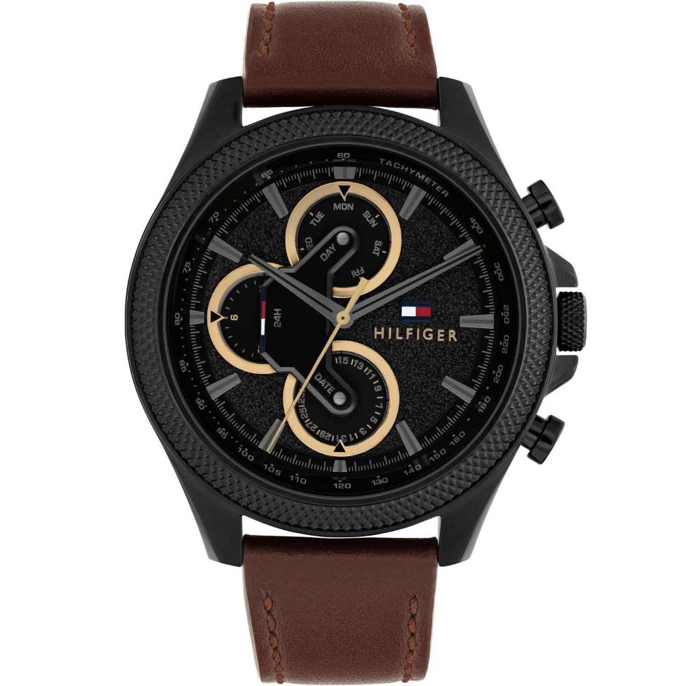 TOMMY HILFIGER Clark Multifunction Black Dial 46mm Black Stainless Steel Brown Leather Strap 1792164