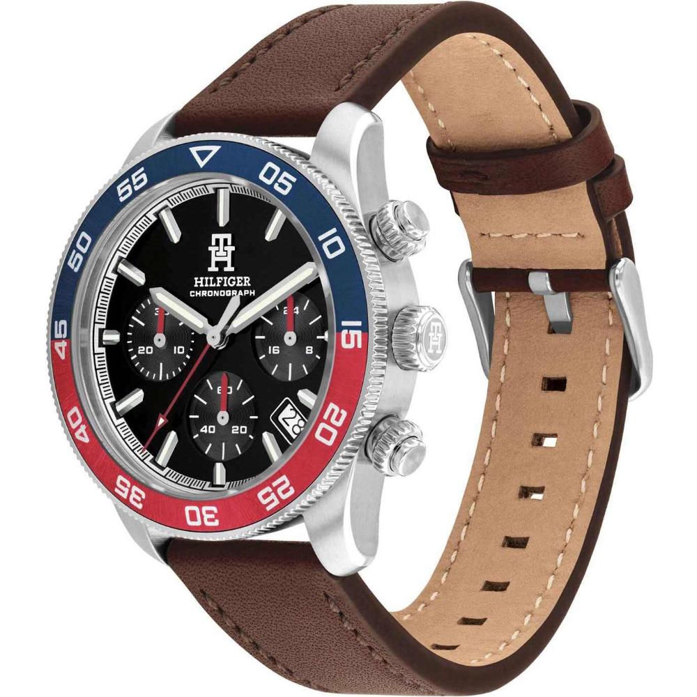 TOMMY HILFIGER TH85 Chronograph Black Dial 41mm Silver Stainless Steel Brown Leather Strap 1792166