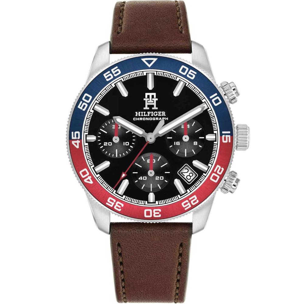 TOMMY HILFIGER TH85 Chronograph Black Dial 41mm Silver Stainless Steel Brown Leather Strap 1792166