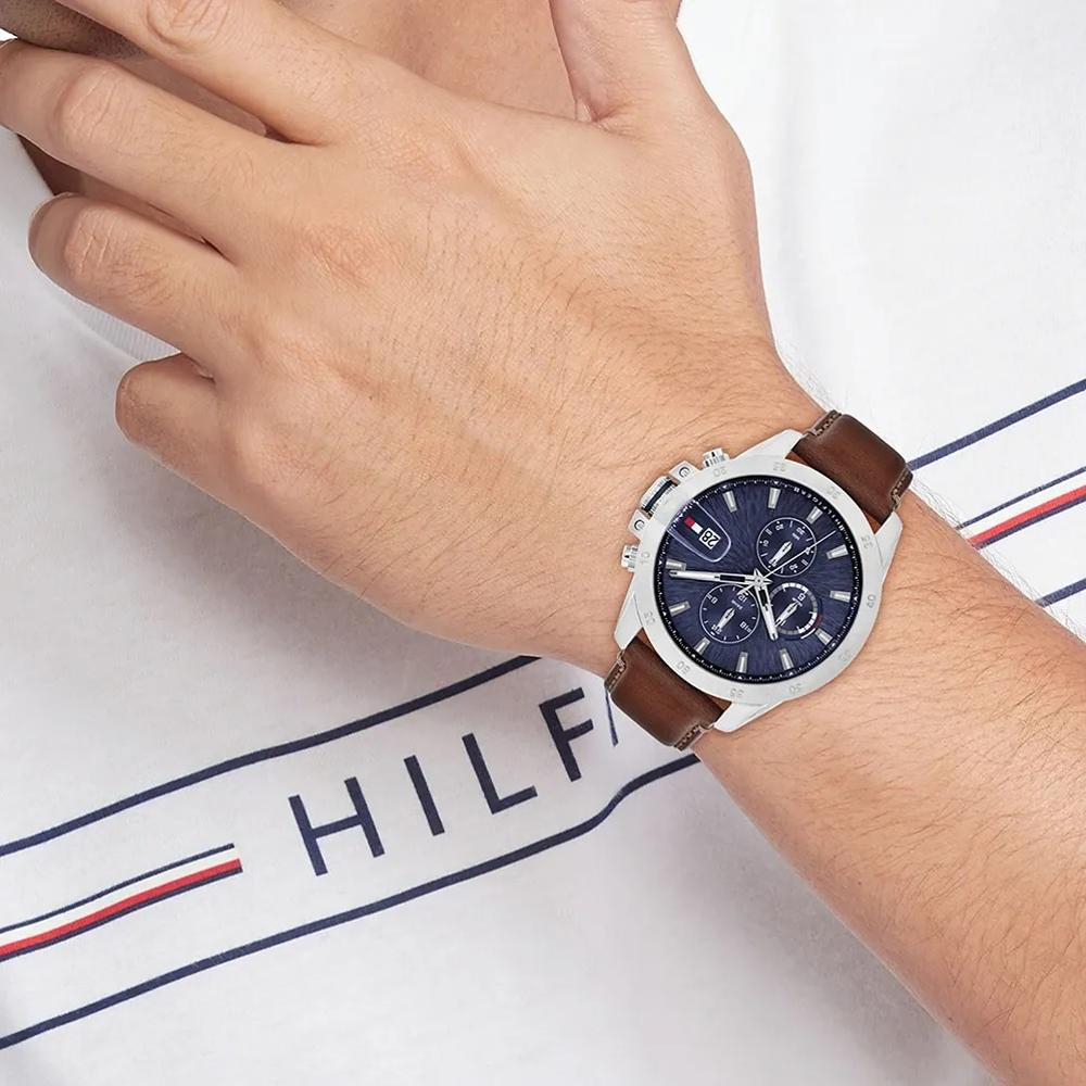 TOMMY HILFIGER Jameson Multifunction Black Dial 43mm Silver Stainless Steel Brown Leather Strap 1792195