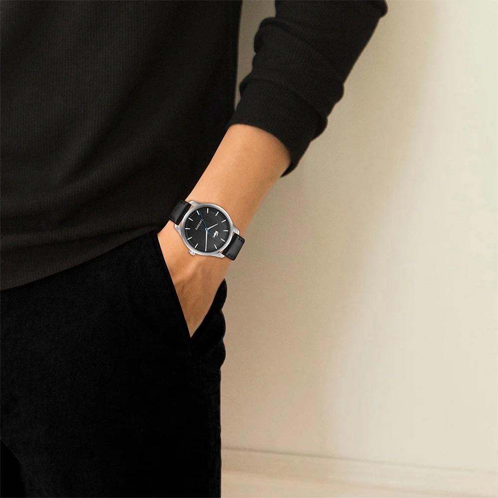 LACOSTE Lisbon Black Dial 42mm Silver Stainless Steel Black Leather Strap 2011372