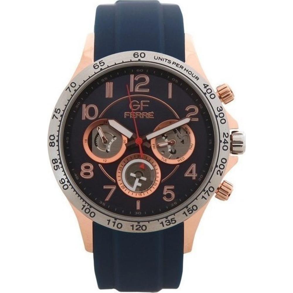 GF FERRE Multifunction 44mm Rose Gold Stainless Steel Bracelet Blue Silicone Strap GFBU1405