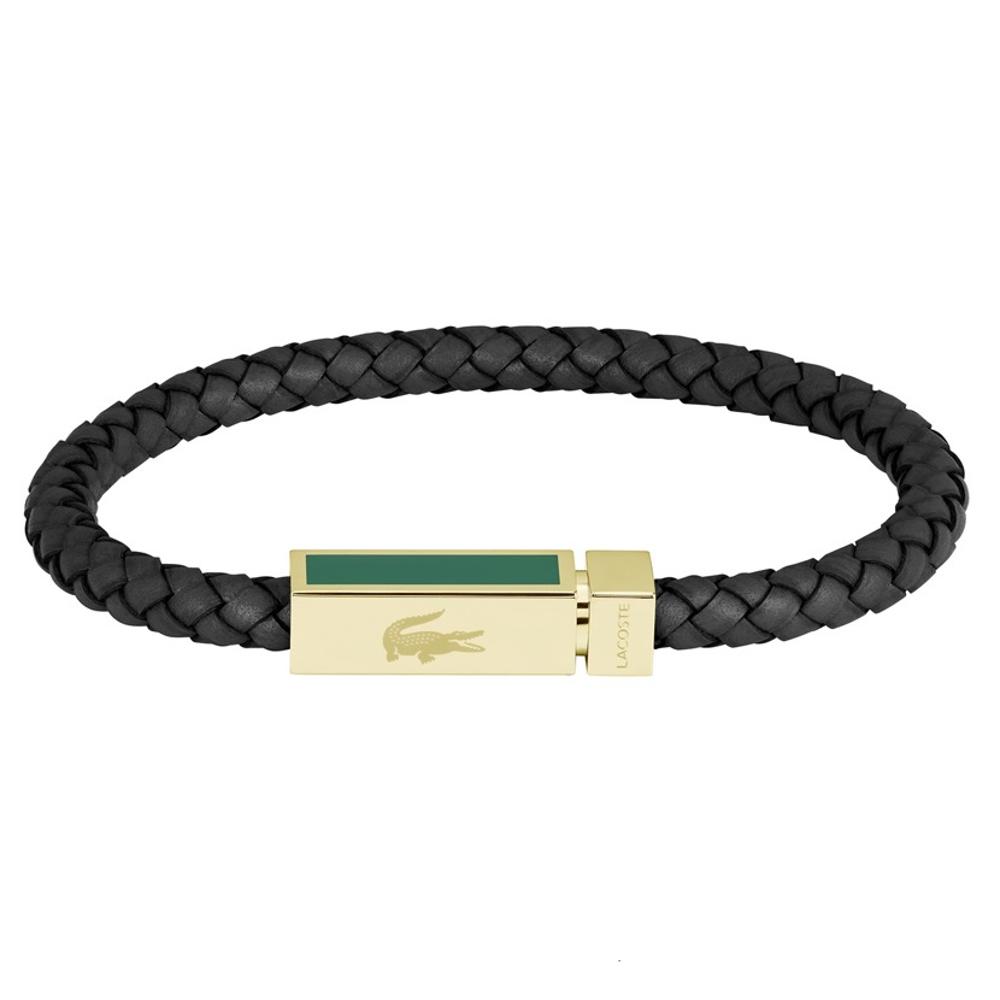 BRACELET For Him LACOSTE Gold-Plated Stainless Steel with Black Leather 2040451