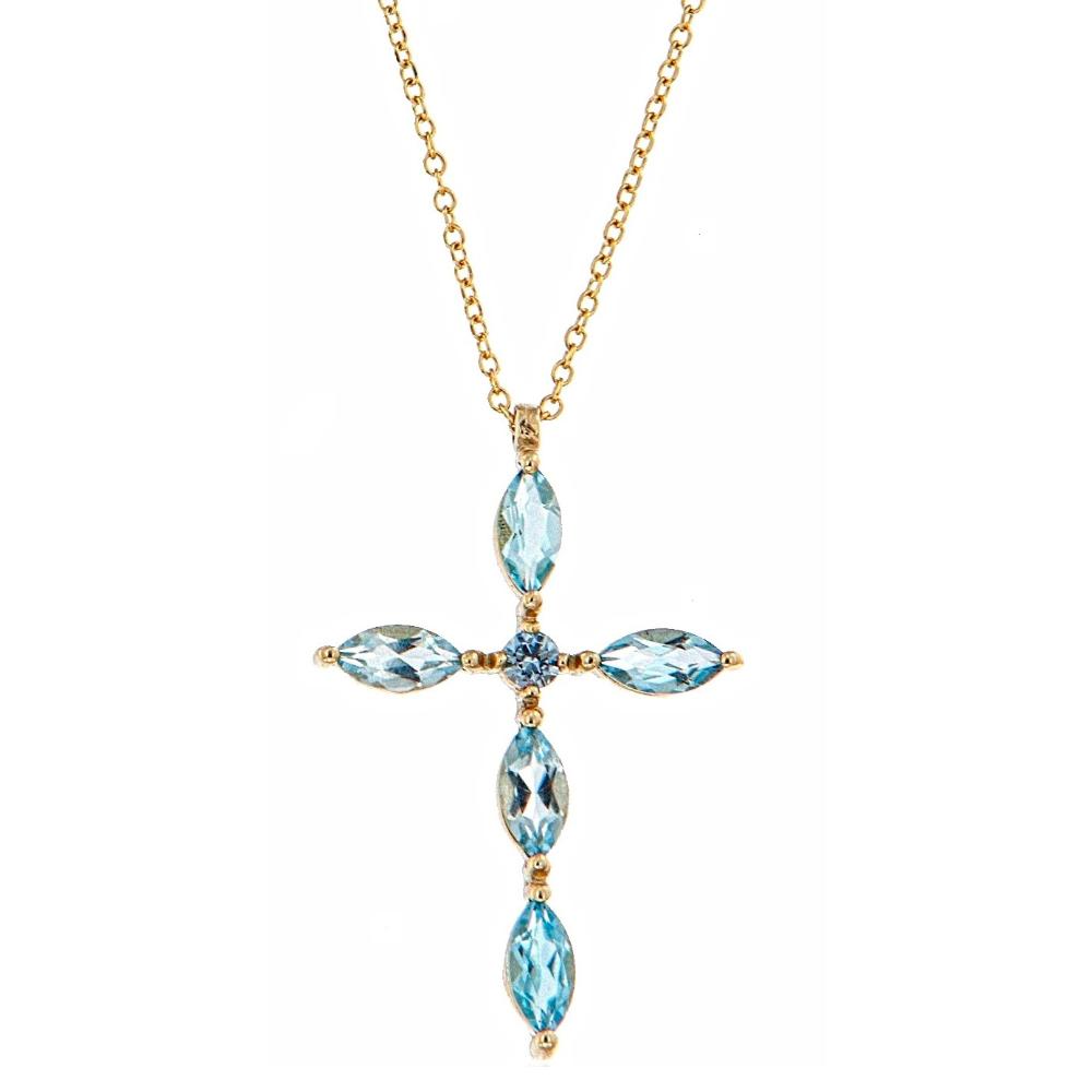 CROSS with Blue Topaz and Brilliant Diamonds in Yellow Gold K18 with Chain 20619-1