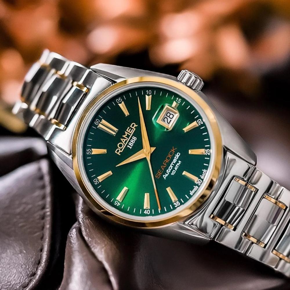 ROAMER Searock II Date Green Dial Automatic 42mm Two Tone Gold Stainless Steel Bracelet 210665-47-75-20