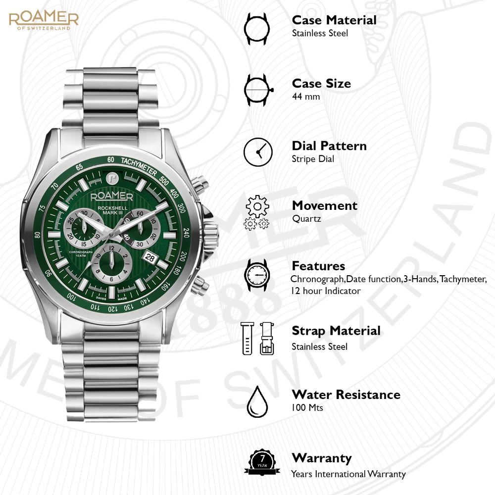 ROAMER Rockshell Mark III Chronograph Green Dial 44mm Silver Stainless Steel Bracelet 220837-41-75-50