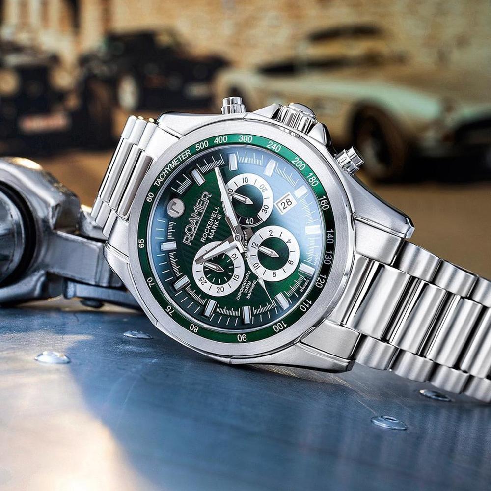 ROAMER Rockshell Mark III Chronograph Green Dial 44mm Silver Stainless Steel Bracelet 220837-41-75-50