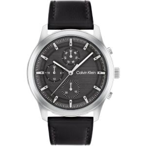CALVIN KLEIN Timeless Multifunction 44mm Silver Stainless Steel Black Leather Strap 25200211 - 25640