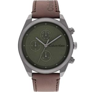 CALVIN KLEIN Impact Green Multifunction 44mm Grey Stainless Steel Brown Leather Strap 25200363 - 38211