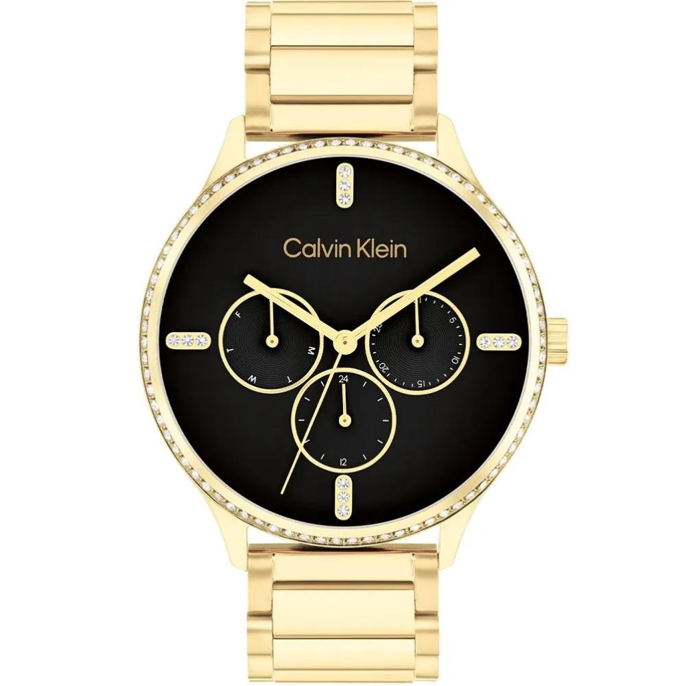 CALVIN KLEIN Dress Crystals Multifunction Black Dial 38mm Gold Stainless Steel Bracelet 25200371