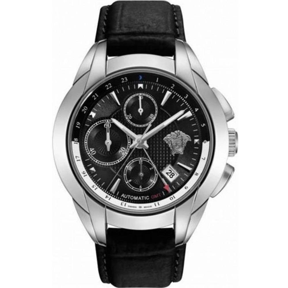 VERSACE Character GMT Chronograph 43mm Silver Stainless Steel Black Leather Strap 25A99D008S009