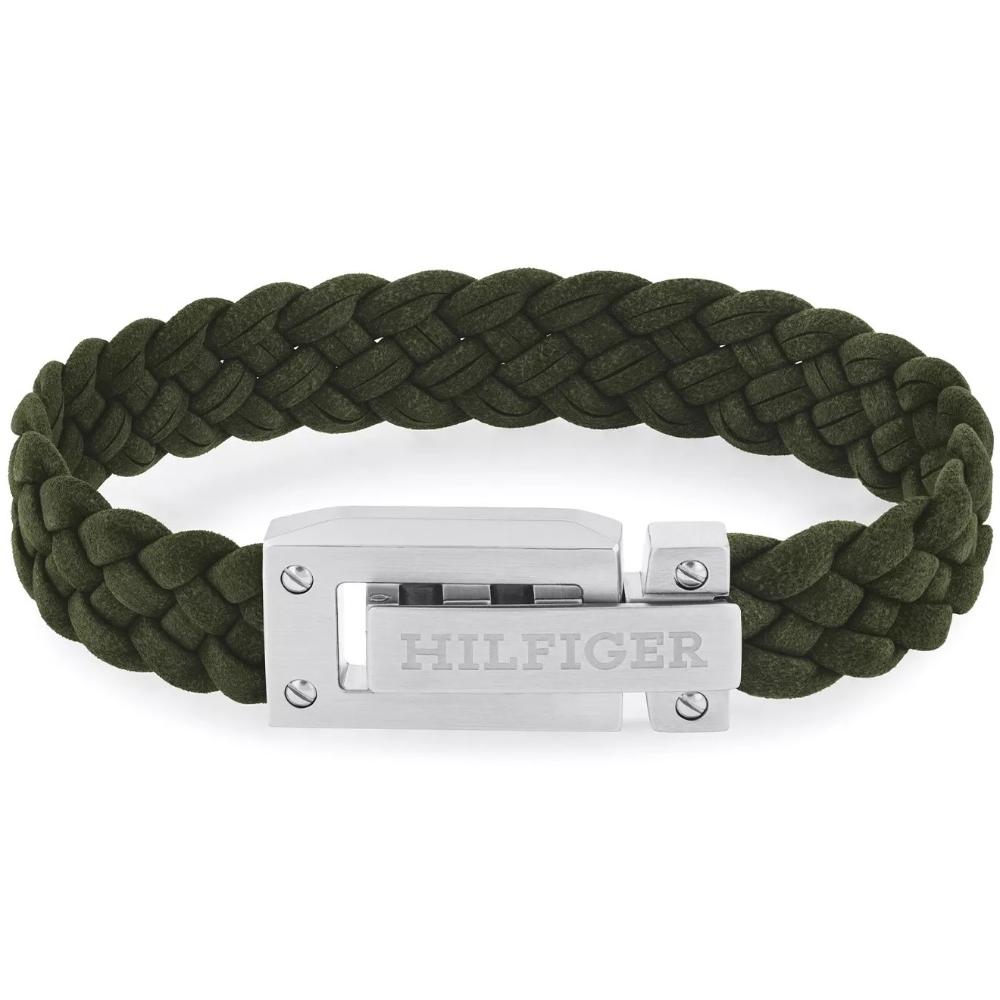 TOMMY HILFIGER Bracelet Silver Stainless Steel with Green Braided Leather 2790518