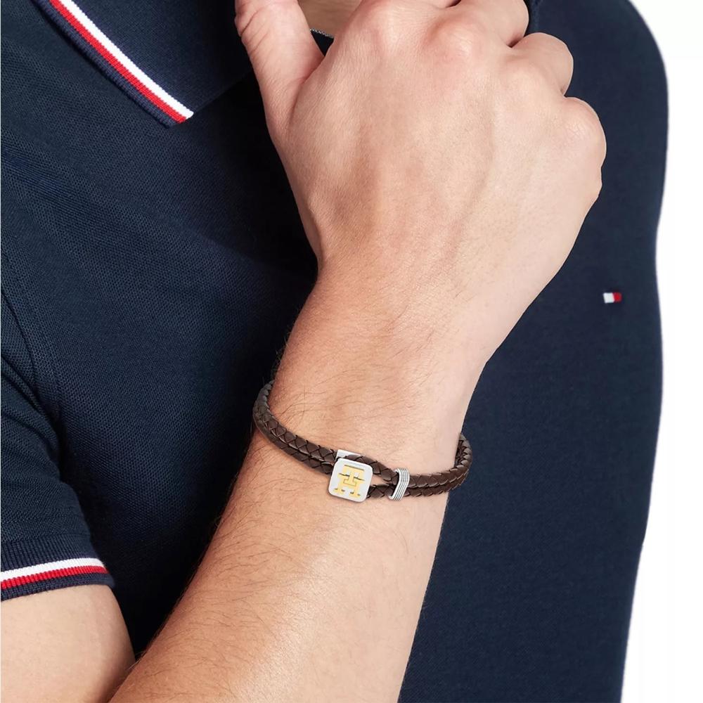TOMMY HILFIGER Monogram Bracelet Silver & Gold Stainless Steel with Brown Leather 2790532