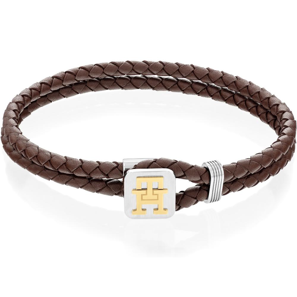 TOMMY HILFIGER Monogram Bracelet Silver & Gold Stainless Steel with Brown Leather 2790532