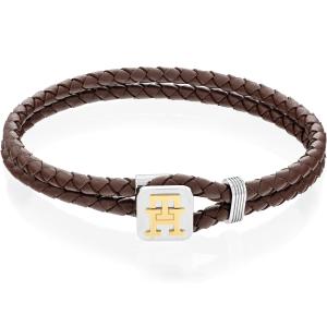 TOMMY HILFIGER Monogram Bracelet Silver & Gold Stainless Steel with Brown Leather 2790532 - 36661