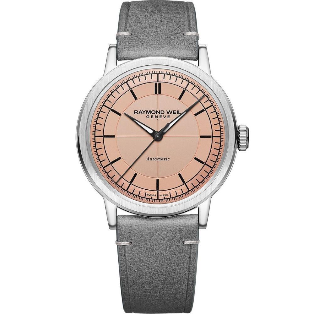 RAYMOND WEIL Millesime Salmon Dial 39.5mm Silver Stainless Steel Grey Leather Strap 2925-STC-80001