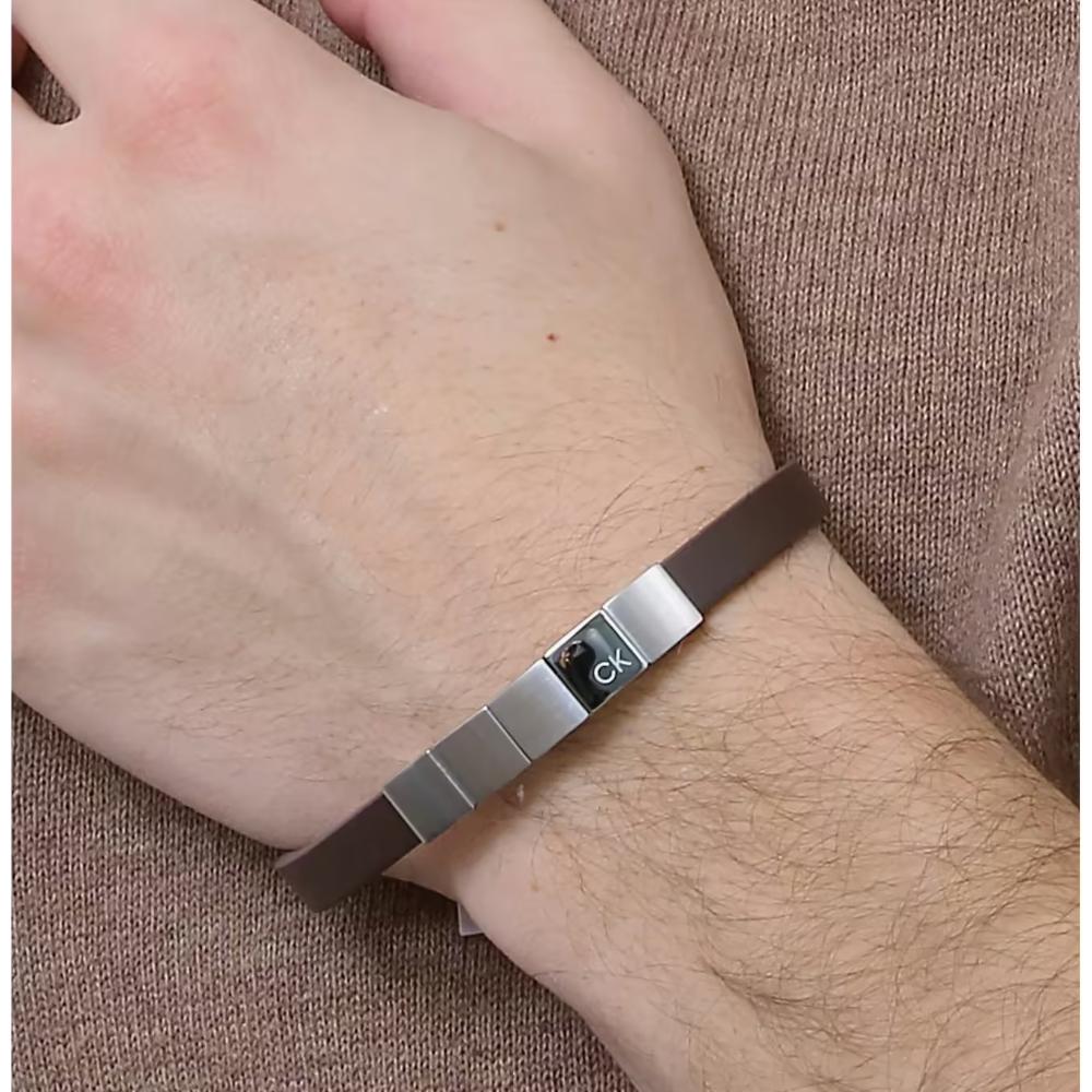 CALVIN KLEIN Minimalistic Squares Bracelet Silver Stainless Steel with Brown Leather 35000490