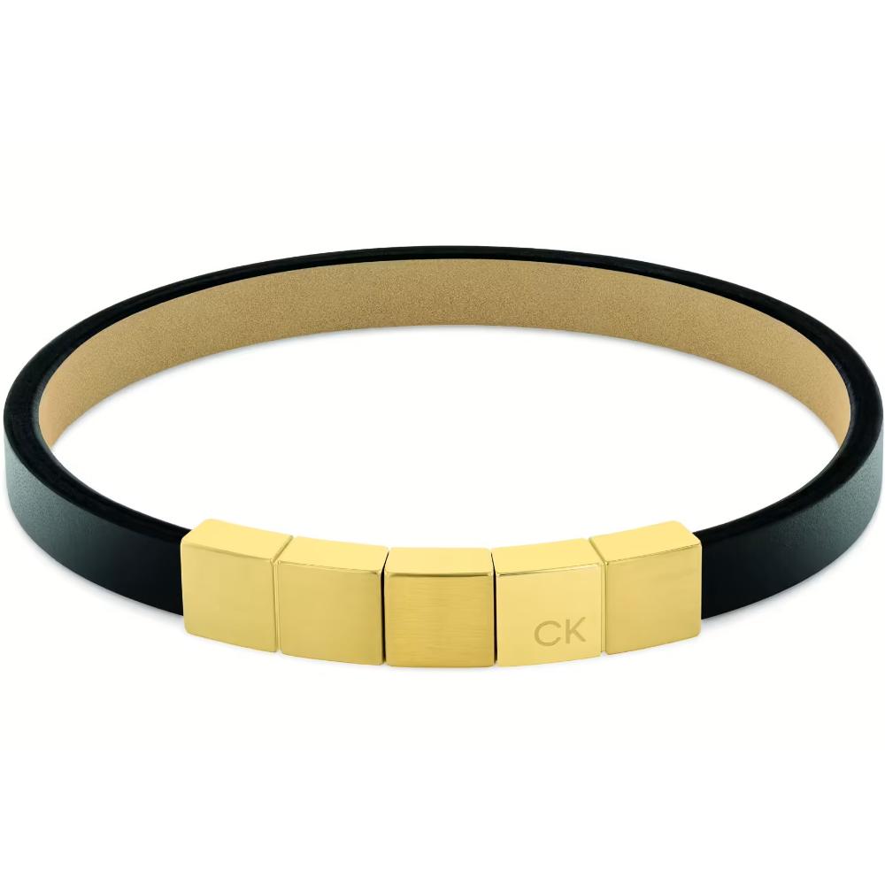 CALVIN KLEIN Minimalistic Squares Bracelet Gold Stainless Steel with Black Leather 35000491